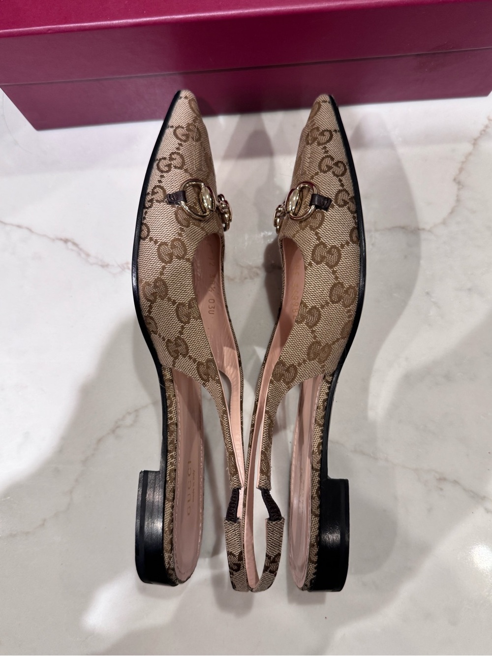 Gucci Beige GG Canvas Pointed-Toe Slingback Flats with Horsebit - Picture 9 of 10